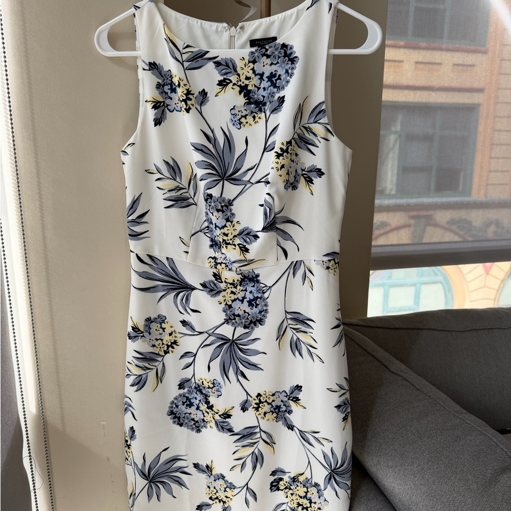Ann Taylor Floral Sheath Dress - White with Blue & Yellow Floral Print